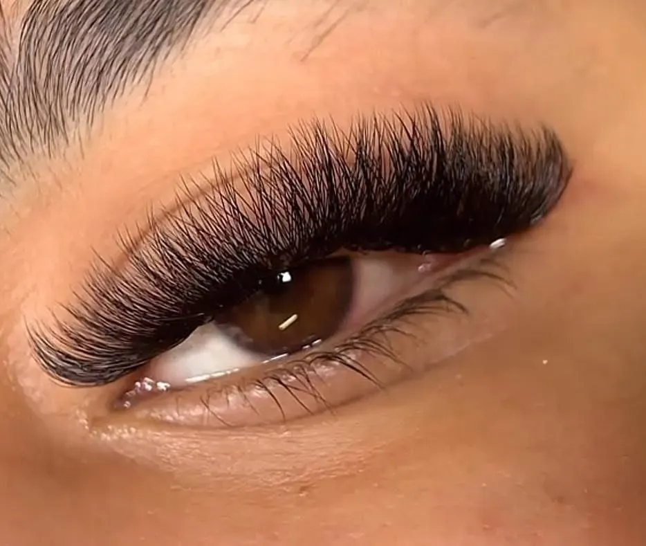 Closeup von einem Auge mit brauner Augenfarbe und voluminösen dunklen Wimpern